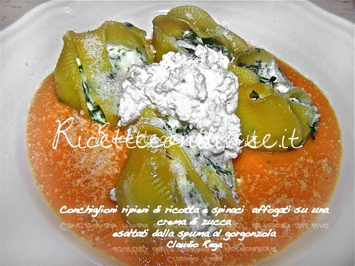 Conchiglioni ripieni di ricotta e spinaci su una crema di zucca esaltati dalla spuma al gorgonzola di Claudio Rega