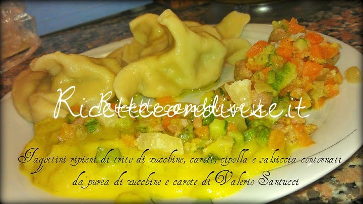 Fagottini ripieni di trito di zucchine carote cipolla e salsiccia con contorno di pure di zucchine e carote di ValerioSantucci