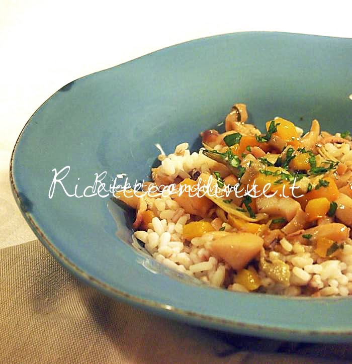 Primo piano insalata di cereali con seppie carciofi e peperone di Marco di Una cucina per Chiama