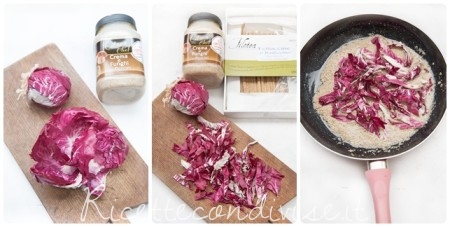 Preparazione fettuccine al radicchio con crema di funghi e radicchio