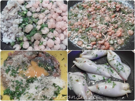 Collage preparazione calamari ripiebi di gamberi e asparagi