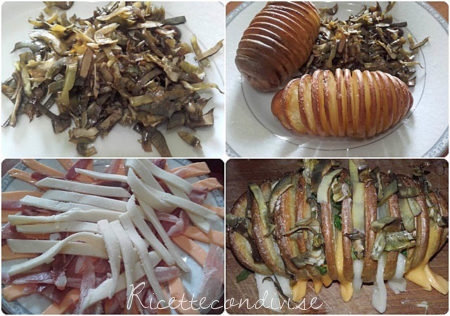 Preparazione patate farcite con carciofi pancetta e formaggio