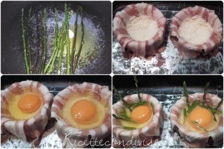 Preparazione cestini di uova asparagi e pancetta