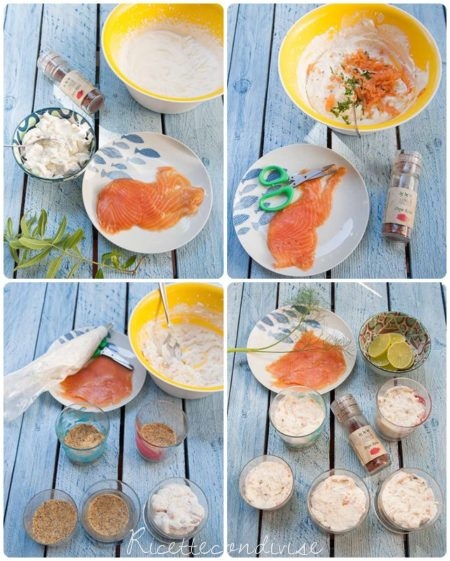 Collage due preparazione cheesecake al salmone