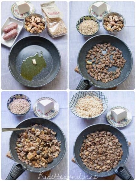 Collage preparazione insalata di fregola con funghi salsiccia e ricotta salata